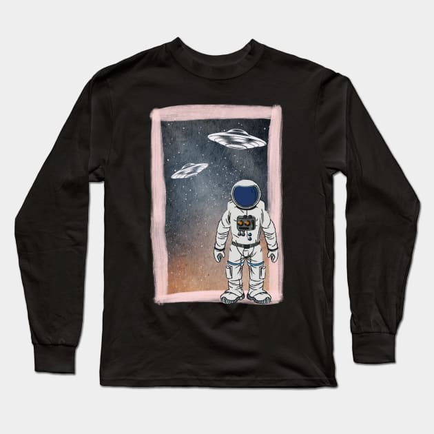 Floating astronaut Ufo alien abduction funny cute spaceship moon mars cosmic space Long Sleeve T-Shirt by BoogieCreates